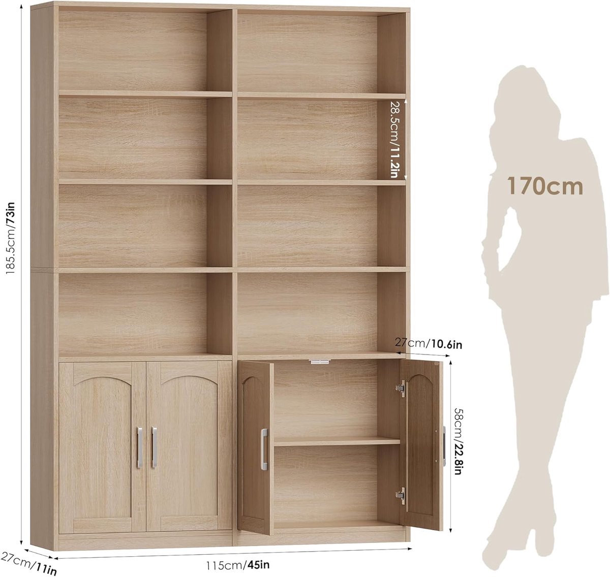Boekenkast met Deuren Casa Velluto – Hoge Staande Kast 185,5 cm – 12 Vak Vitrinekast en Opbergkast voor Woonkamer, Kantoor, Keuken – Eiken Houten Design, Gebogen Deuren & Zilveren Handgrepen