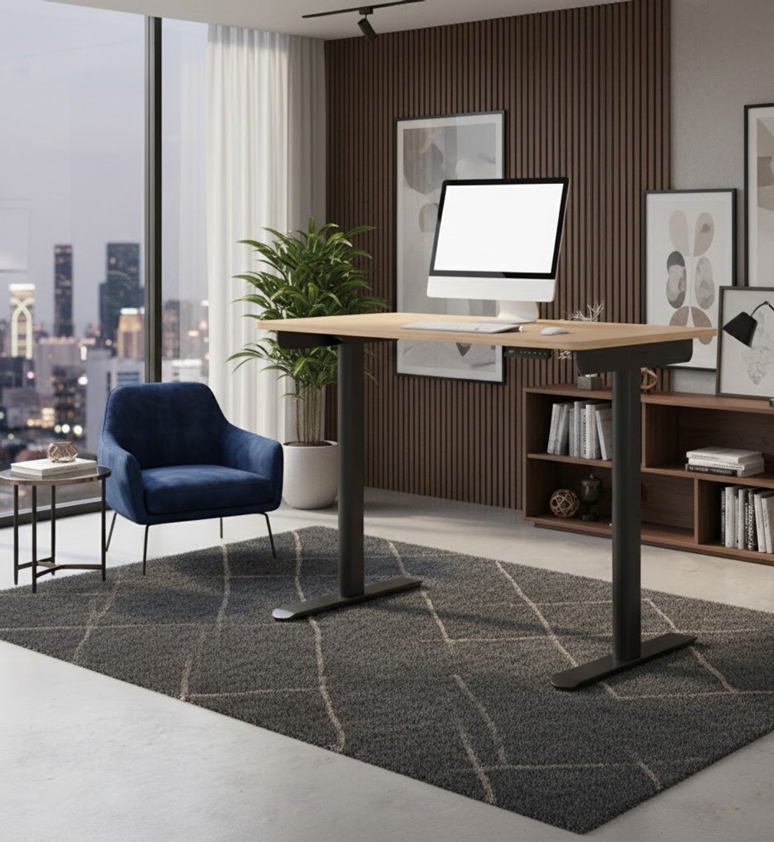 MotionDesk Pro™ Elektrisch Zit Sta Bureau 120x65 cm - Ergonomisch In Hoogte Verstelbaar Bureau met Dubbele Motor, OLED Display & Behuizingsfunctie - Zwart Frame / Eiken TafelbladCasa Serena