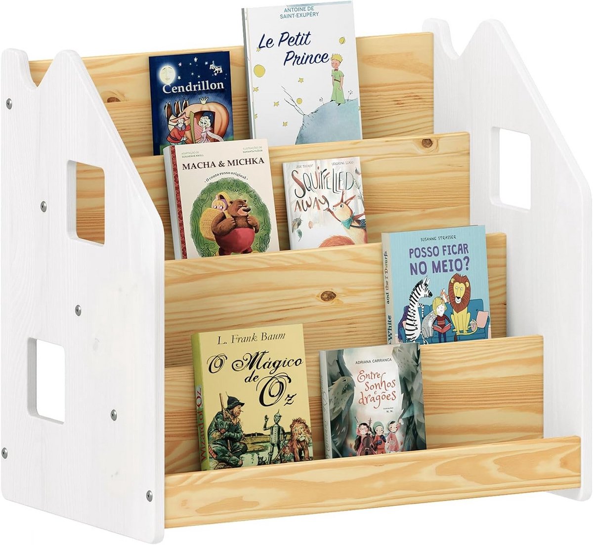 Montessori Kinder Boekenkast met 4 Vakken Stevig Hout en Ronde Hoeken