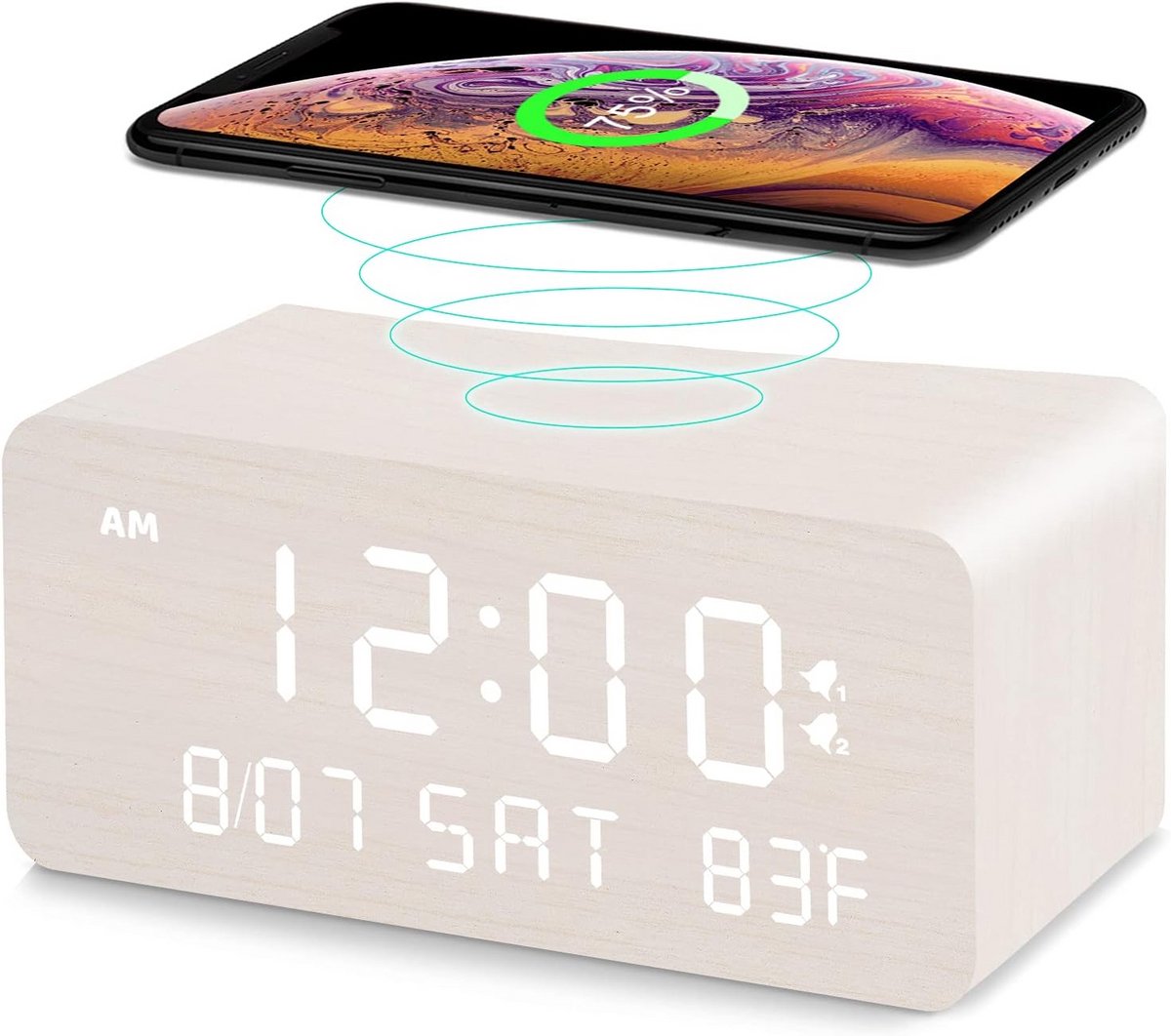 Houten Digitale Wekker met Draadloos Opladen en Helderheidsdimmer