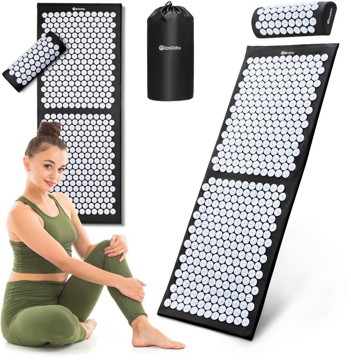 HyperMotion Acupressuurmat XL - 130cm - Spijkermat met Spijkerkussen - met Kussen en Draaghoes – Zwart/Wit