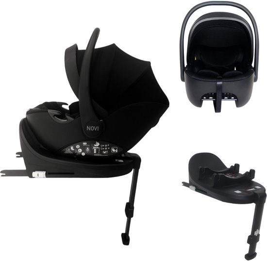 Collage: Zwarte Maxi-Cosi Pebble 360 autostoel met kap op Isofix base, vooraanzicht en Isofix base apart.