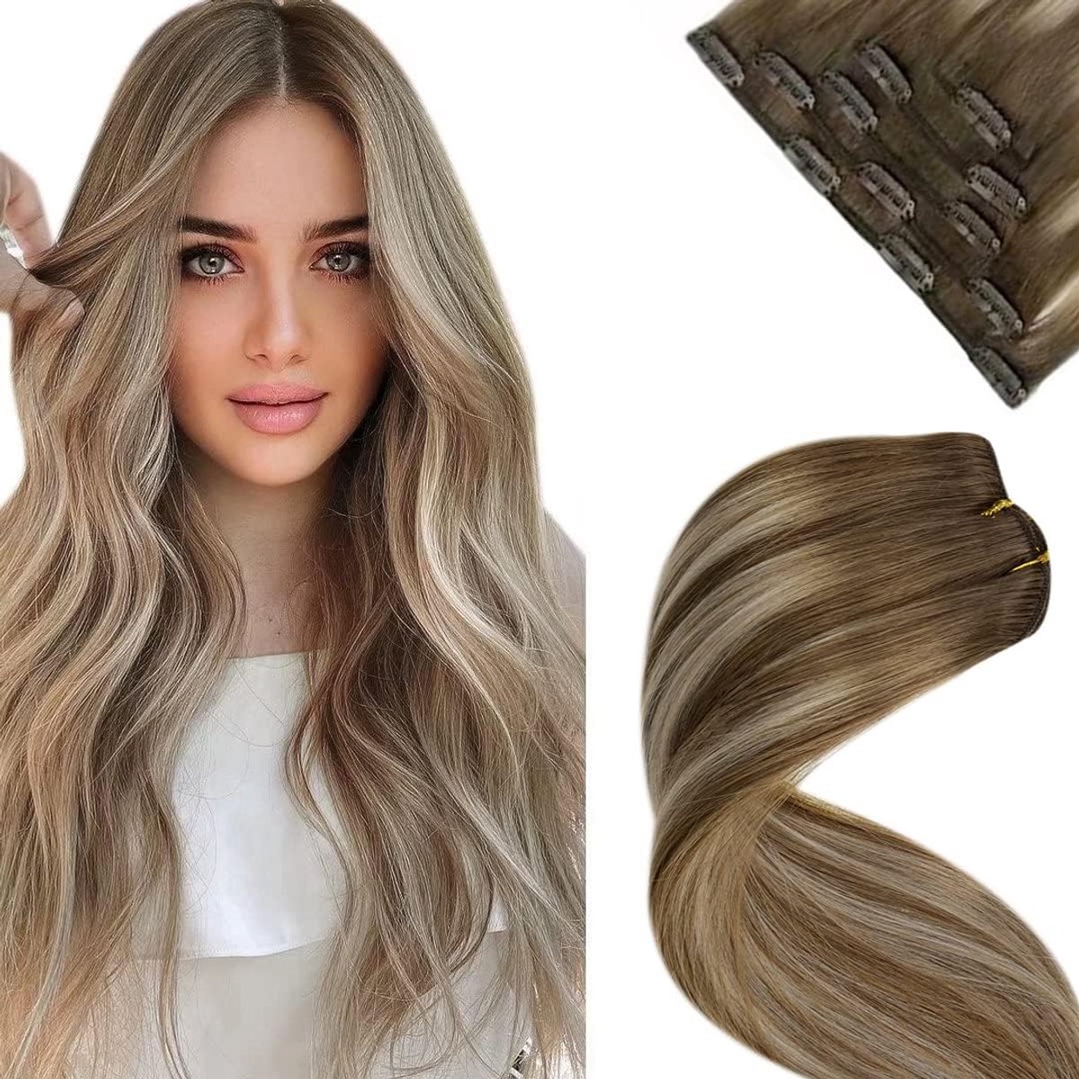 Clip-in Haarverlenging Menselijk Haar Balayage Ombre Lichtbruin Blond Set