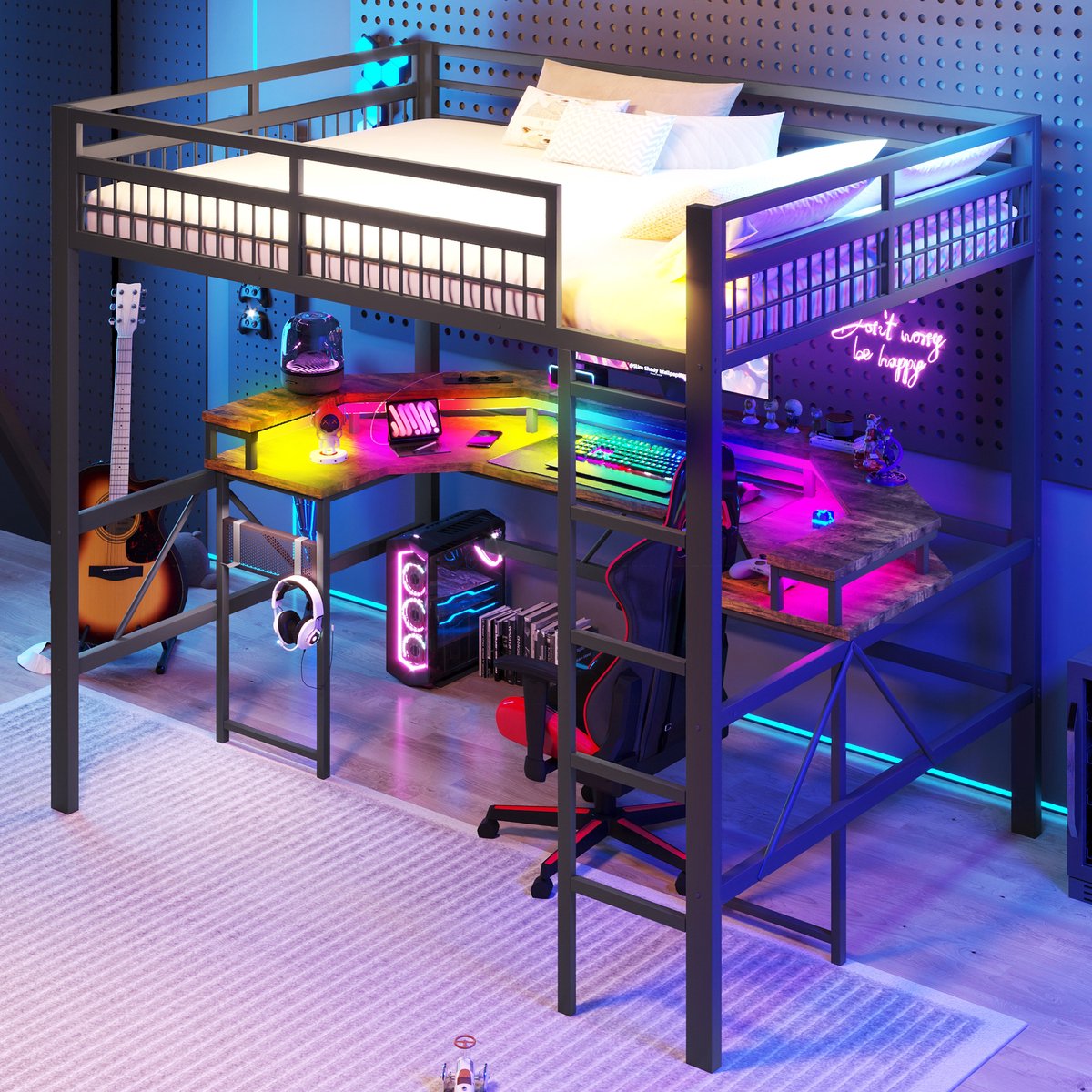 MODFU Hoogslaper 140x200 cm van metaal en MDF – met bureau en LED-lichtstrip – zwart – voor thuiswerken