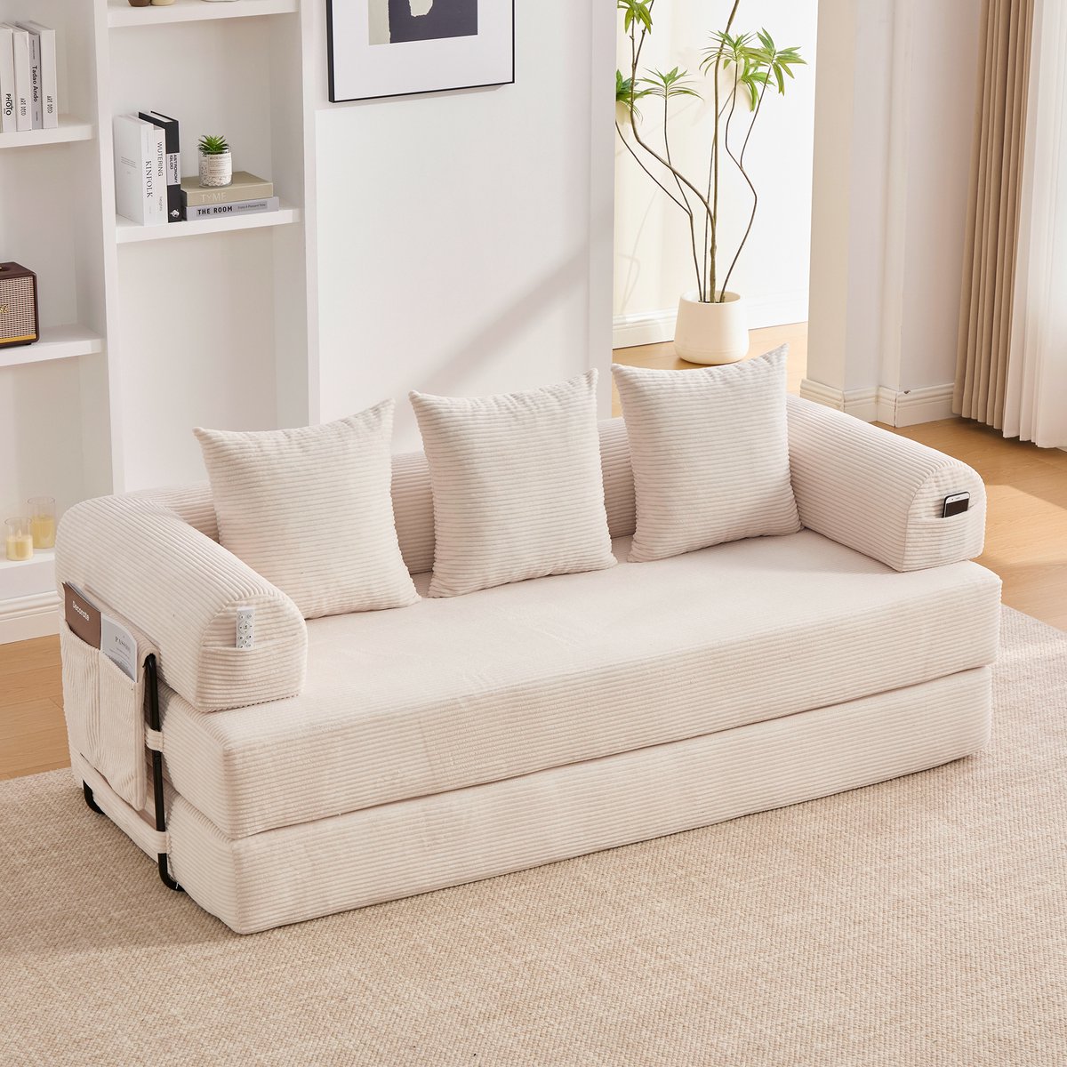 3-Zits Bank Opvouwbare Compressiebank met Stevig Metalen Frame, Zijvakken en 3 Kussens. Individuele Loungelandschappen Kunnen vrij Worden Vormgegeven. Moderne Metaal-Stofcombinatie - Ideaal voor in de Woonkamer. Beige