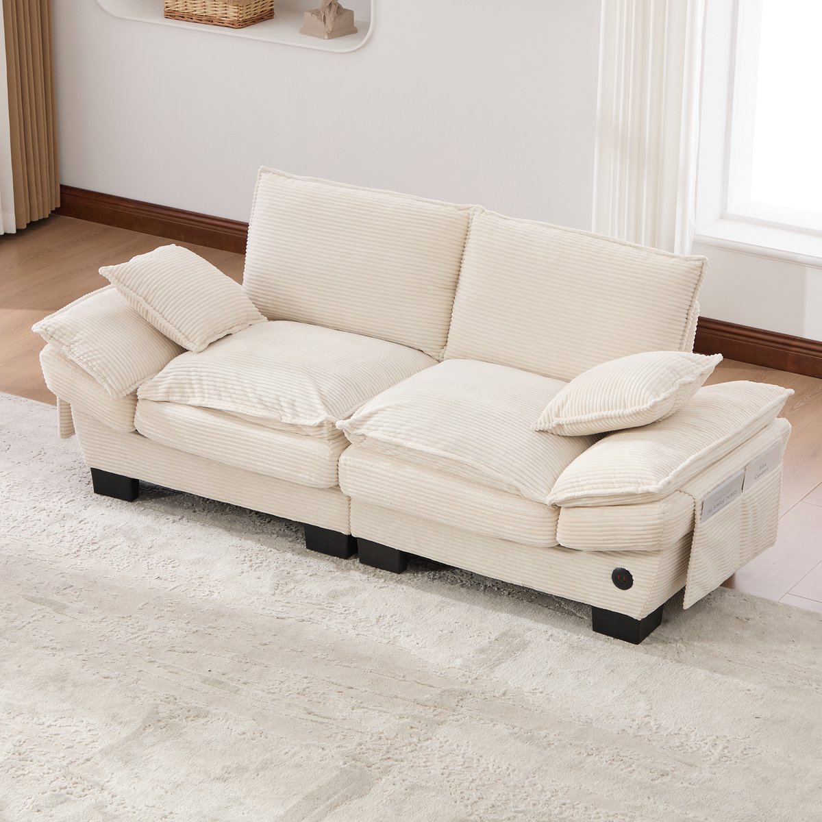 HAUSS SPOLE Zitbank - 2 Zits Sofa Met Brede Zitting En Usb C Aansluiting - Met Zijvakken - Voor Woonkamer Kantoor En Lounge - Corduroy Beige Gebroken wit