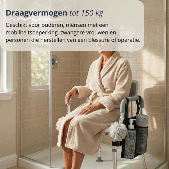 BY JRM® Douchestoel - Douchekruk - Incl. badset, douche puff en douchekophouder - Met Armleuning - Hoogte Verstelbaar - Antislip - Grijs