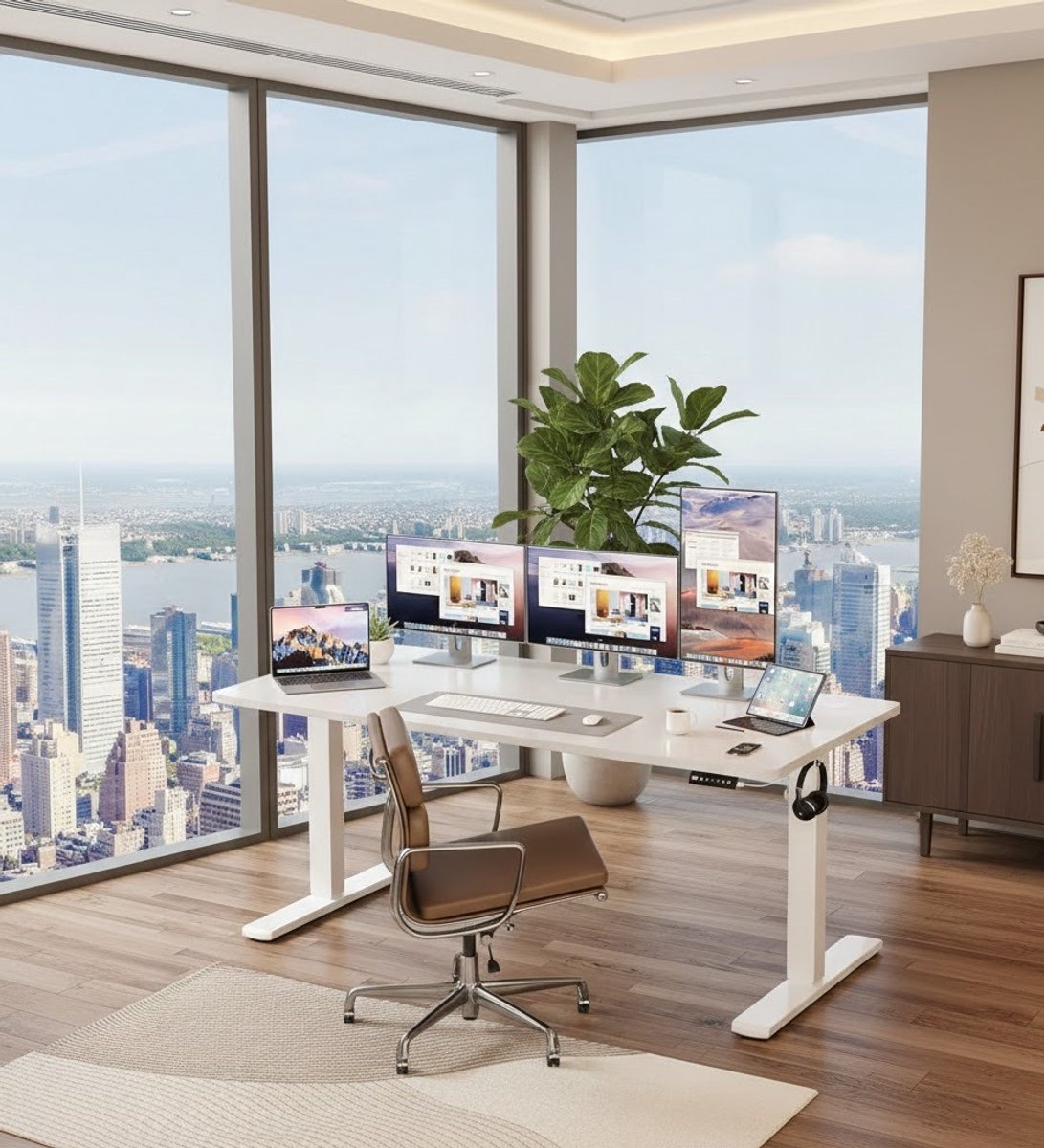 Ergonomisch Elektrisch Verstelbaar Sta-Zit Bureau – Casa Serena – In Hoogte Verstelbaar 73-118 cm met Geheugenfunctie, Compleet Tafelblad, Kantoor- en Thuiswerk Bureau – Wit 110x53 cm – Casa Dorada