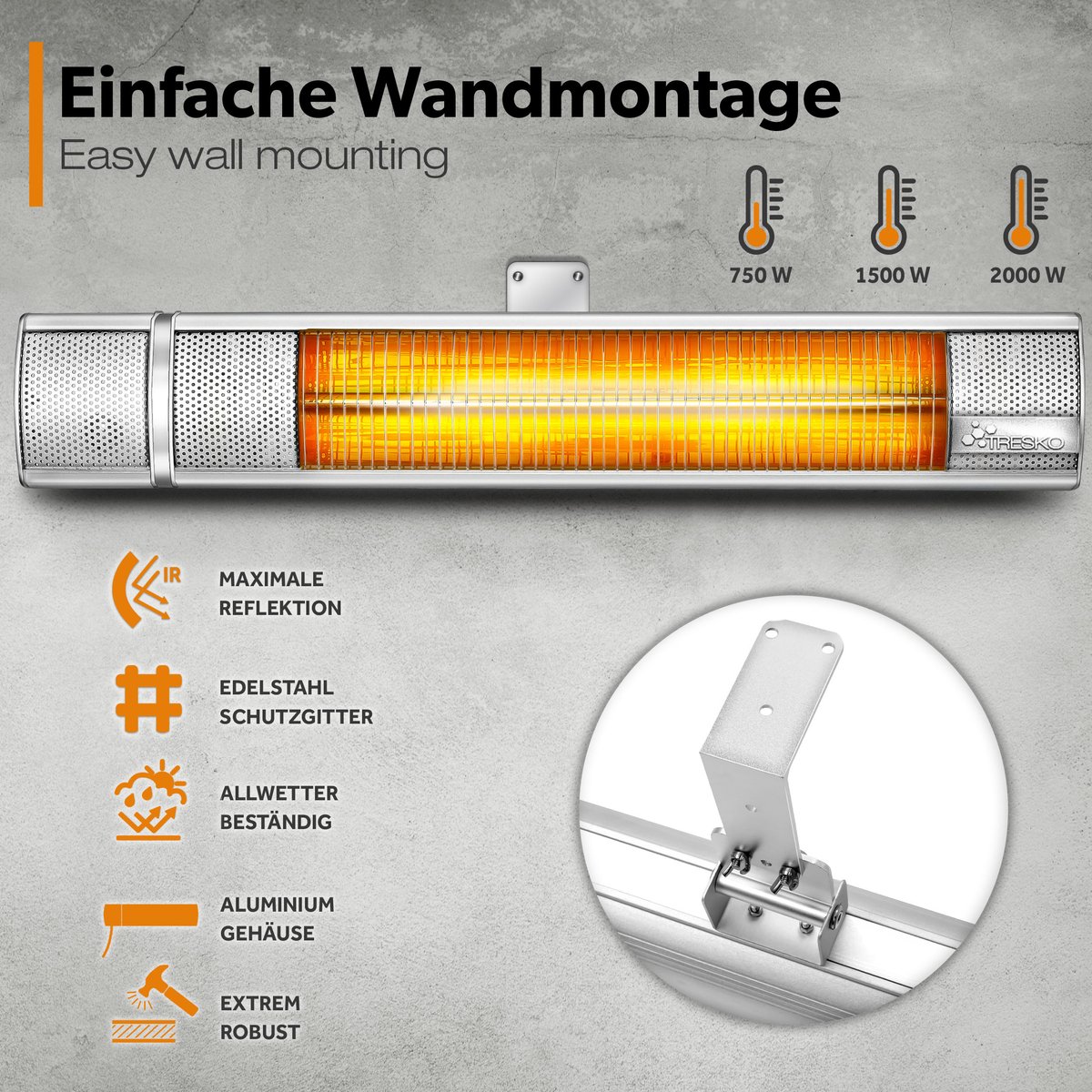 TRESKO infrarood warmtestraler, 2000 W, met afstandsbediening, elektrisch, voor op het terras, met 3 warmtestanden, terrasstraler, voor binnen en buiten, wandverwarming, infraroodstraler, straler voor de luiertafel – foto 2