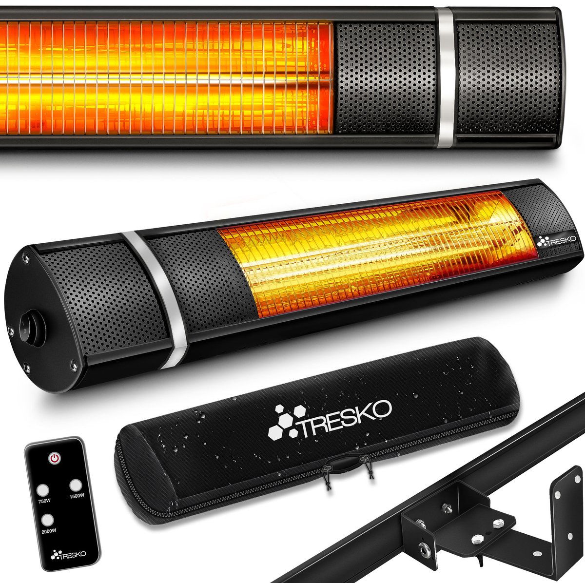 TRESKO infrarood warmtestraler, 2000 W, met afstandsbediening, elektrisch, voor op het terras, met 3 warmtestanden, terrasstraler, voor binnen en buiten, wandverwarming, infraroodstraler, straler voor de luiertafel