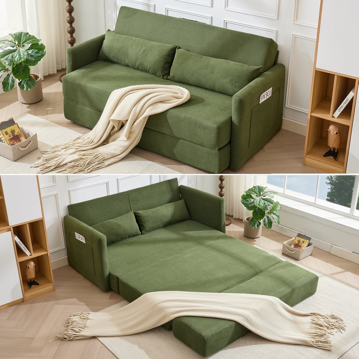 2-Zits Bank, Vloerslaapbank, de 2-in-1 Vouwbank, Corduroy stof, Woonkamer, Appartement, met twee Lendenkussens, Voorzien van twee Tijdschriftenvakken, 165 x 92 x 82 cm, Groen
