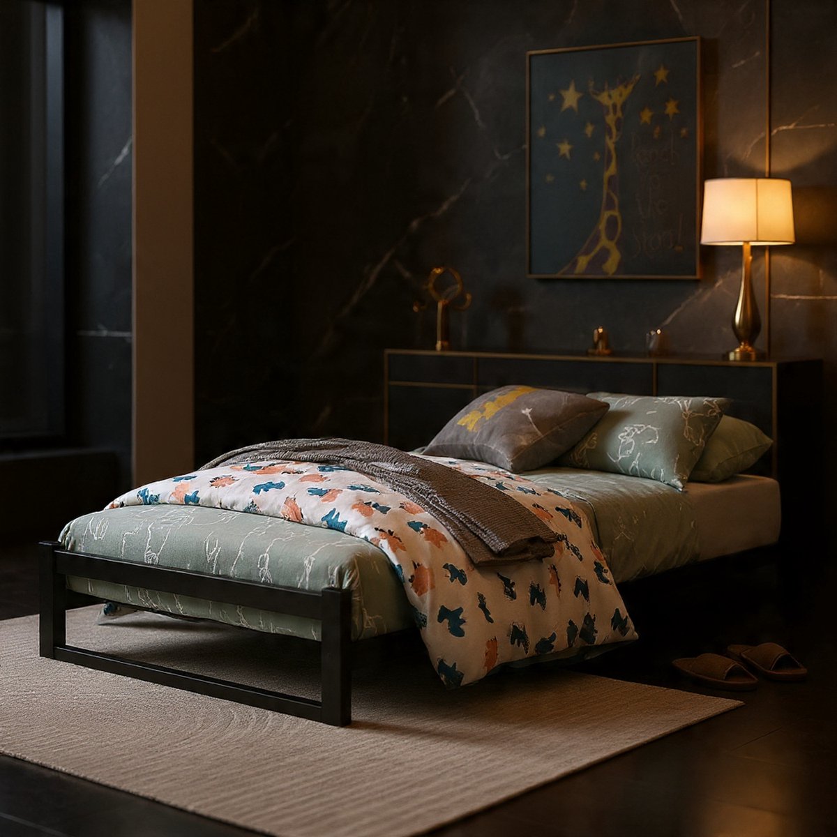 Modern Laag Metalen Bed 90x200 cm met Lattenbodem – Stijlvol & Minimalistisch Eenpersoonsbed – Zwart, Stil, Stevig & Eenvoudig te Monteren – Perfect voor Slaapkamer of Logeerbed - House&Garden