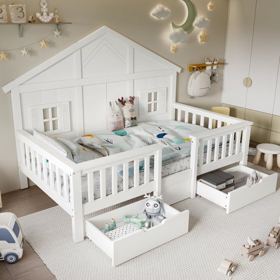 HAUSS SPOLE Lit pour enfants 90x200cm - Maison de lit avec 2 grands tiroirs sur roulettes - Avec cadre et toit - Sommier à lattes stable - Sans matelas - Bois et MDF - Blanc