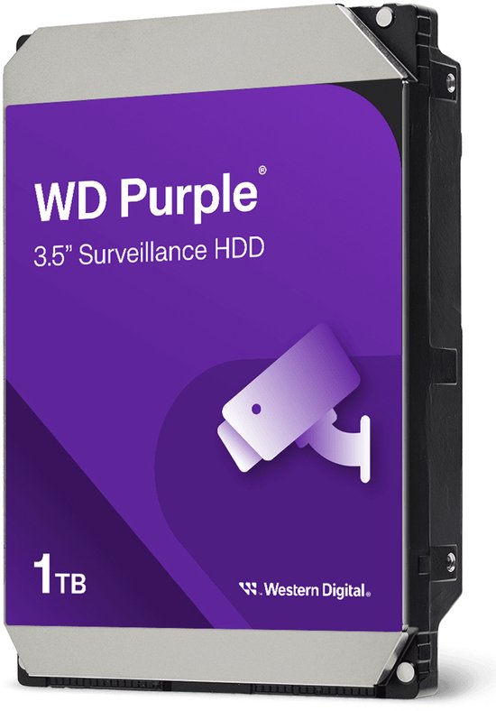 WD Purple 3.5" Surveillance HDD, 1TB, met camera-icoon op paars label. Western Digital.