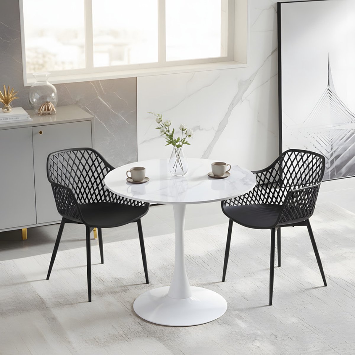 EGGREE eettafel en stoelen set - marmeren tafel Ø 80 cm met 2 stoelen - voor bar - kookeiland - café en eetkamer