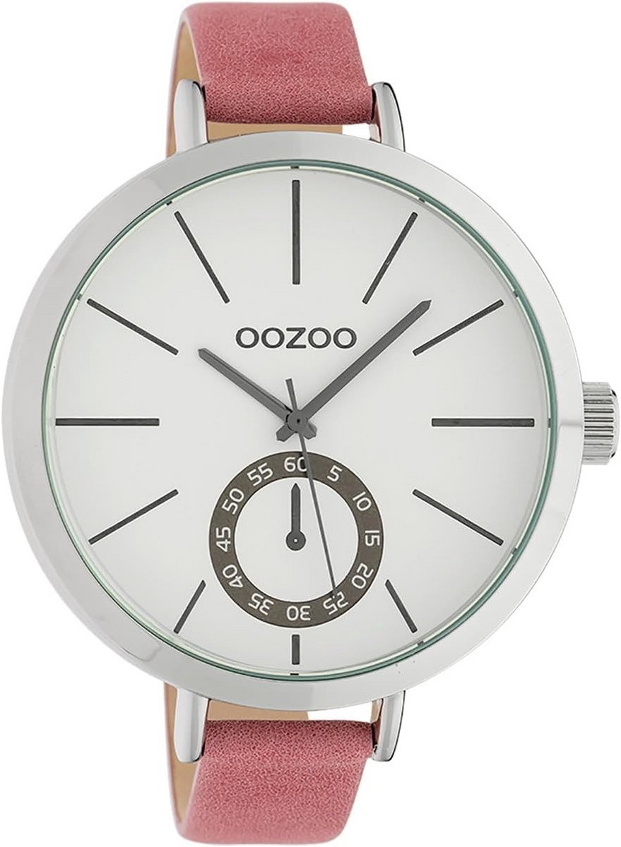 Grote Zilverkleurige Dameshorloge met Roze Leren Band