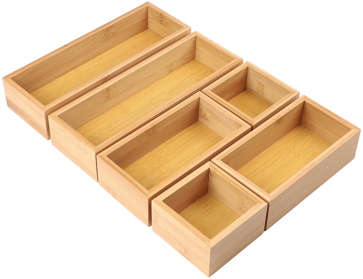 6-Delige Opbergdozen Set - Bamboe Organisatiesysteem - Stapelbare Lades voor Keuken, Make-up, Badkamer en Kantoor