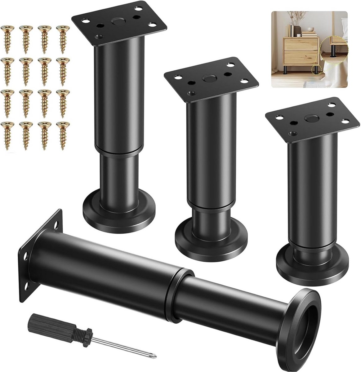 Set van 4 In Hoogte Verstelbare Meubelpoten voor Kast en Bed (12-18 cm)
