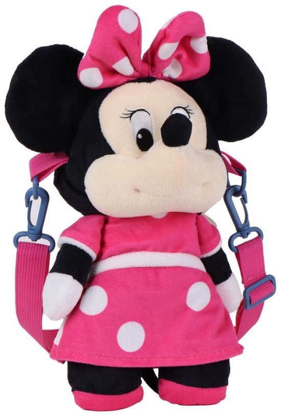 Minnie Mouse knuffeltas in roze met witte stippen en strik.