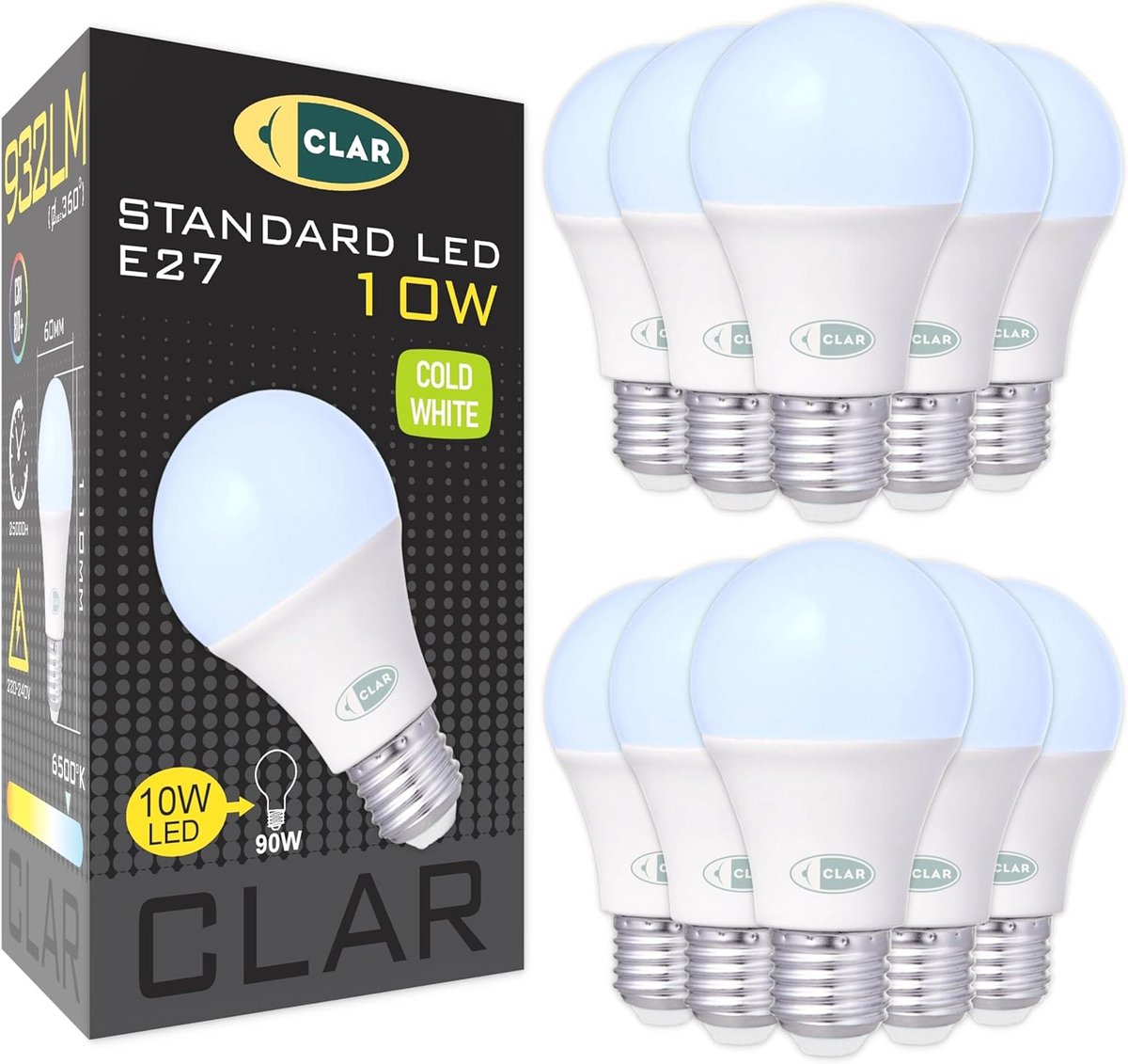 Set van 10 LED Lampen E27 Fitting 10W Koudwit Helder Licht 932 Lumen