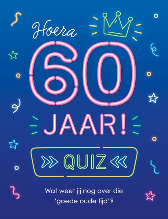 Doos met 'Hoera 60 JAAR! QUIZ' in neonletters, met feestelijke decoraties.