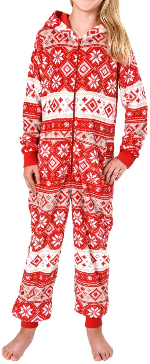 Behaaglijke Meisjespyjama Jumpsuit Overall in koraalrode fleece