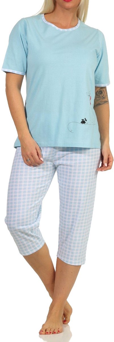 Dames capri pyjama korte mouw met schattig kat motief en korte geruite tricot broek