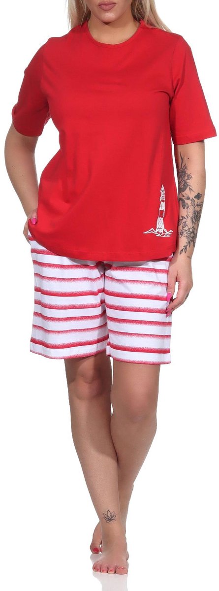 Normann Maritieme dames shorty pyjama met korte mouven, top met vuurtorenmotief, ook in overmaat rot