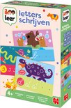 Doos van het spel 'Ik Leer Letters Schrijven' met afbeeldingen van beren, een slak, een dinosaurus, giraf, koala's en flamingo's.