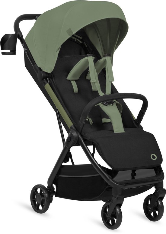 Zwart met lichtgroene buggy met bekerhouder aan de zijkant en verstelbare kap.