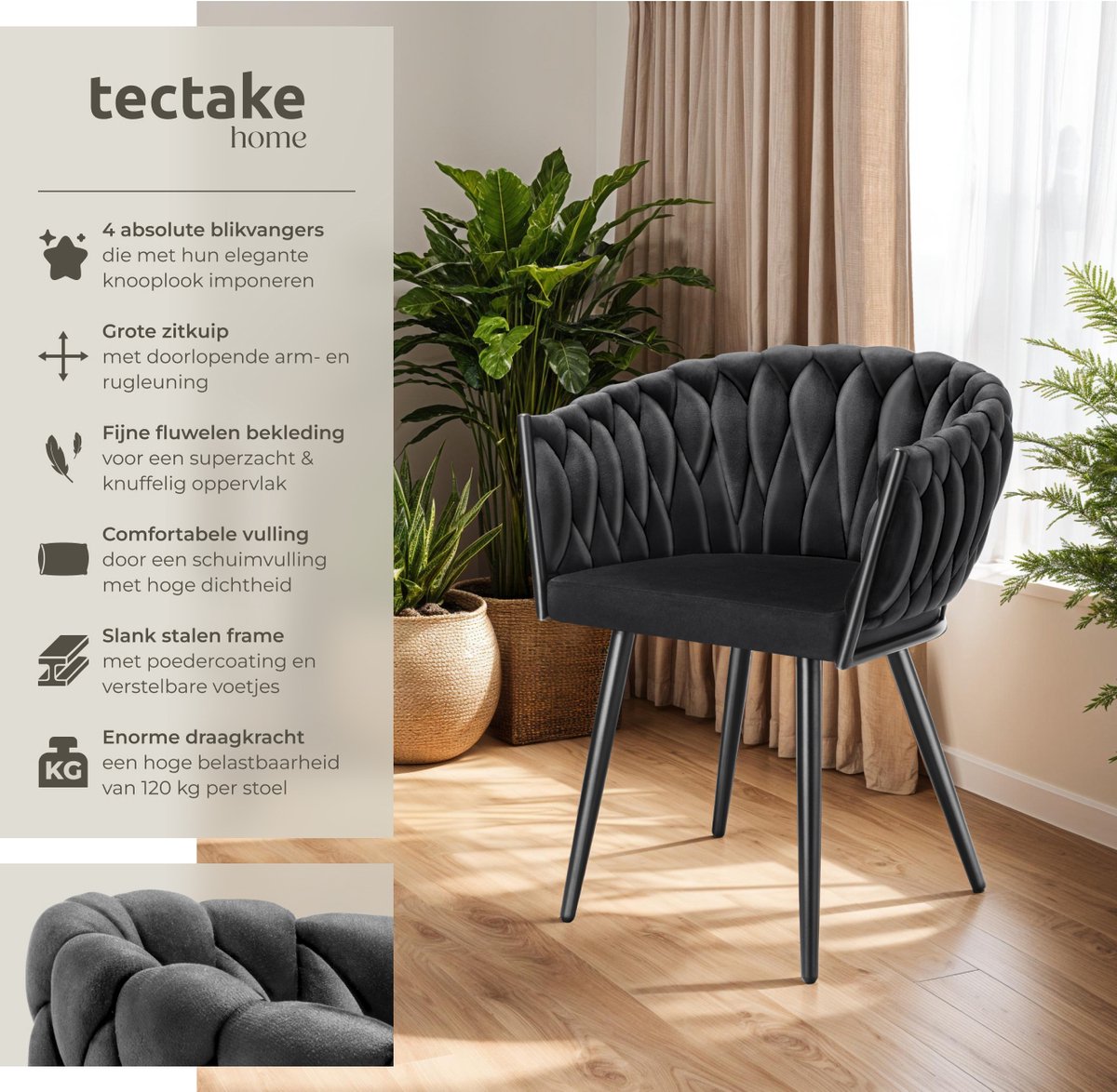 tectake® Set van 4 Fluwelen eetkamerstoelen - Kuipstoel met armleuning in knooplook - Eetkamerstoel - Moderne stoel voor woonkamer en eetkamer - Keukenstoel - Kaptafelstoel - Slaapkamerstoel - Diverse kleuren - Zwart – foto 2