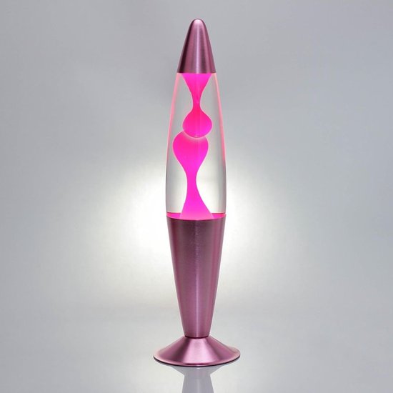 Roze lavalamp met metaalroze voet en punt.