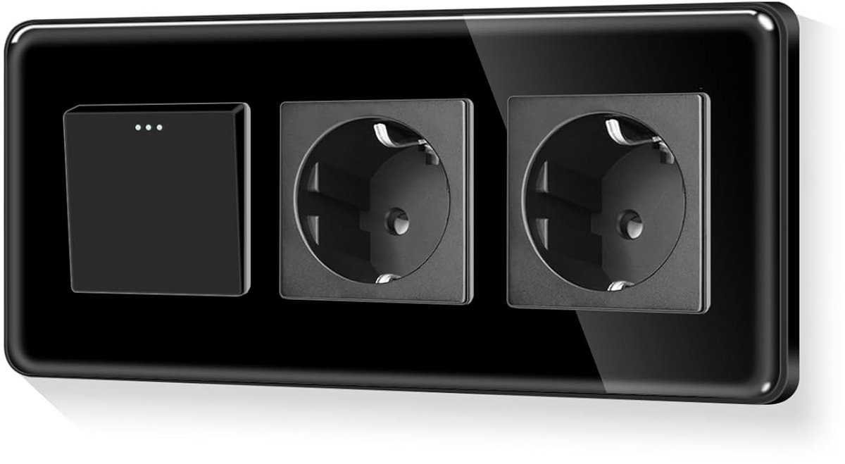 Inbouw Lichtschakelaar met Dubbel Stopcontact Zwart Glazen Frame