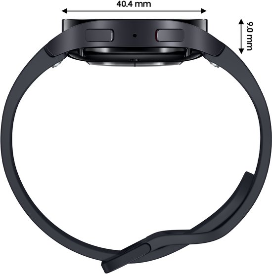 Zij-aanzicht van een zwarte Samsung Galaxy Watch6, 40.4mm breed en 9.0mm dik.