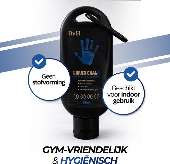 Zwarte fles BvH 'Liquid Chalk' 50ML met blauwe handafdruk, zonder stofvorming, geschikt voor indoor gebruik.