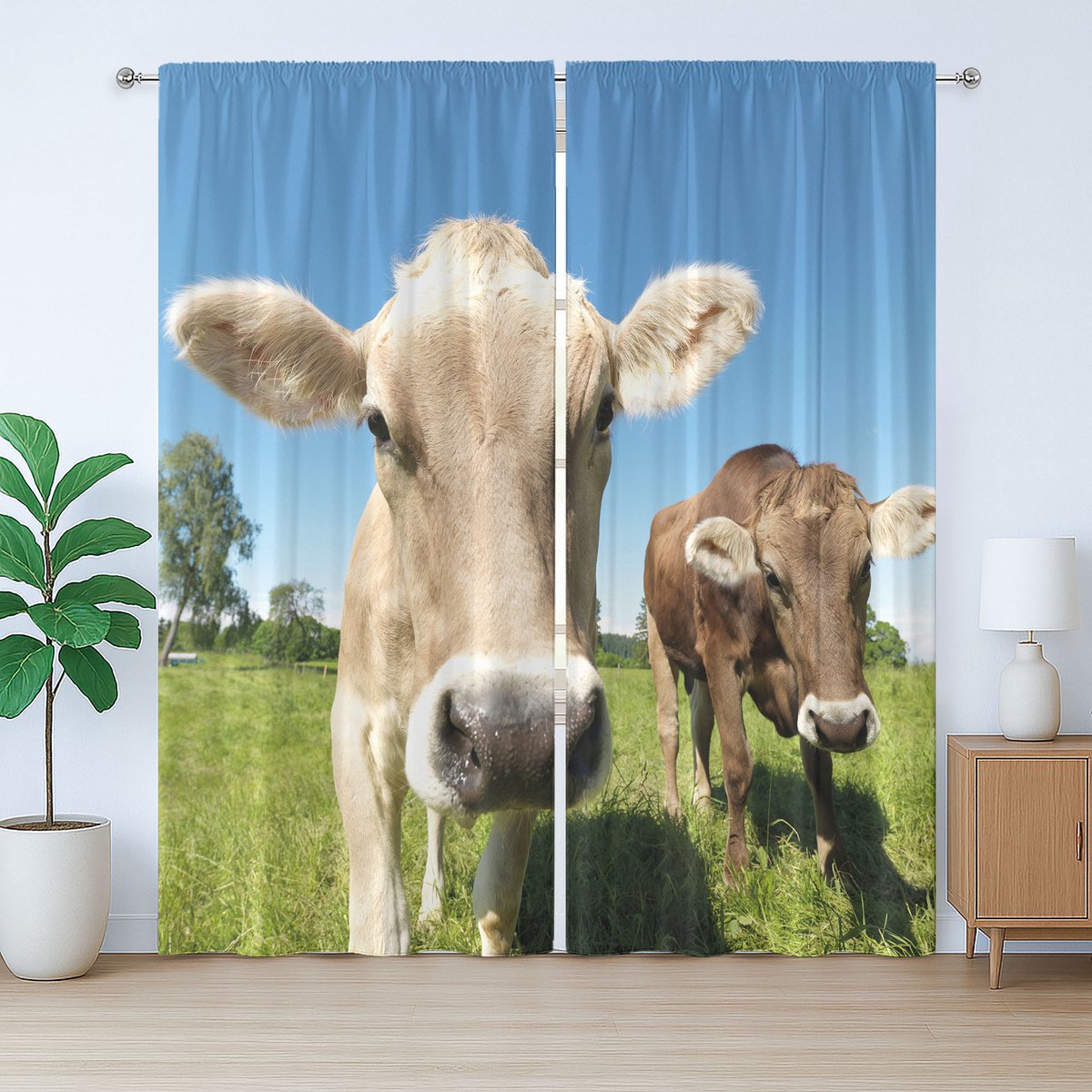 ABAKUHAUS Rustiek gordijn met boerderijdieren, close-up van koeien, met lussen en haken voor de slaapkamer, 280 x 175 cm, appelgroen/beige