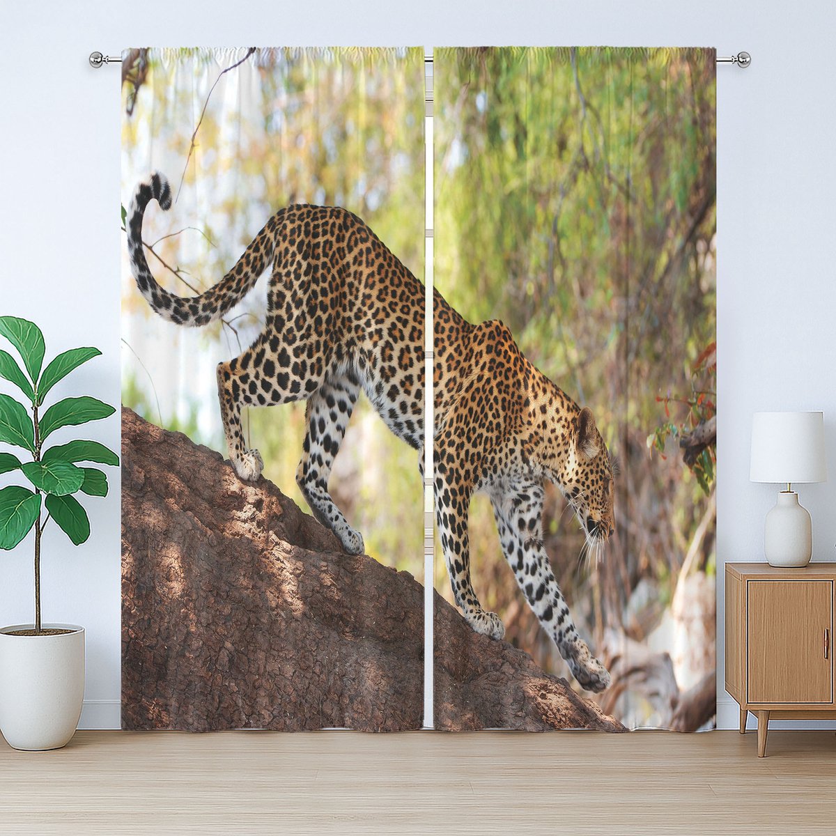ABAKUHAUS Rustiek Gordijn voor de Dierentuin, Natuurreservaat Luipaardboom, met Bandjes, Lussen en Haken , 280 x 225 cm, Groen Lichtbruin Wit