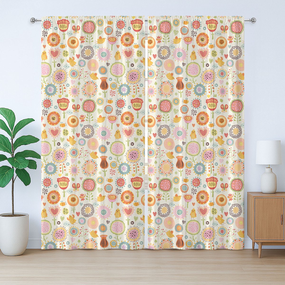 ABAKUHAUS Rustiek bloemengordijn, bijen, vogels, vlinders, slaapkamergordijn met plooiband, lussen en haken, 280 x 225 cm, oranje meerkleurig