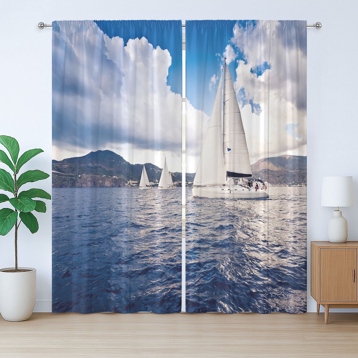 ABAKUHAUS Nautisch rustiek gordijn, zeilboot op zee, met lussen en haken voor de woonkamer, 280 x 175 cm, blauw en wit