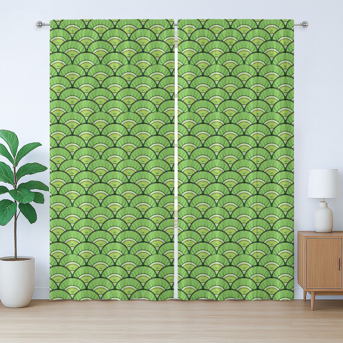 ABAKUHAUS Abstracte rustieke gordijnen, retro gebogen druppels en vlekken, met lussen en haken, 280 x 175 cm, appelgroen en limoengroen