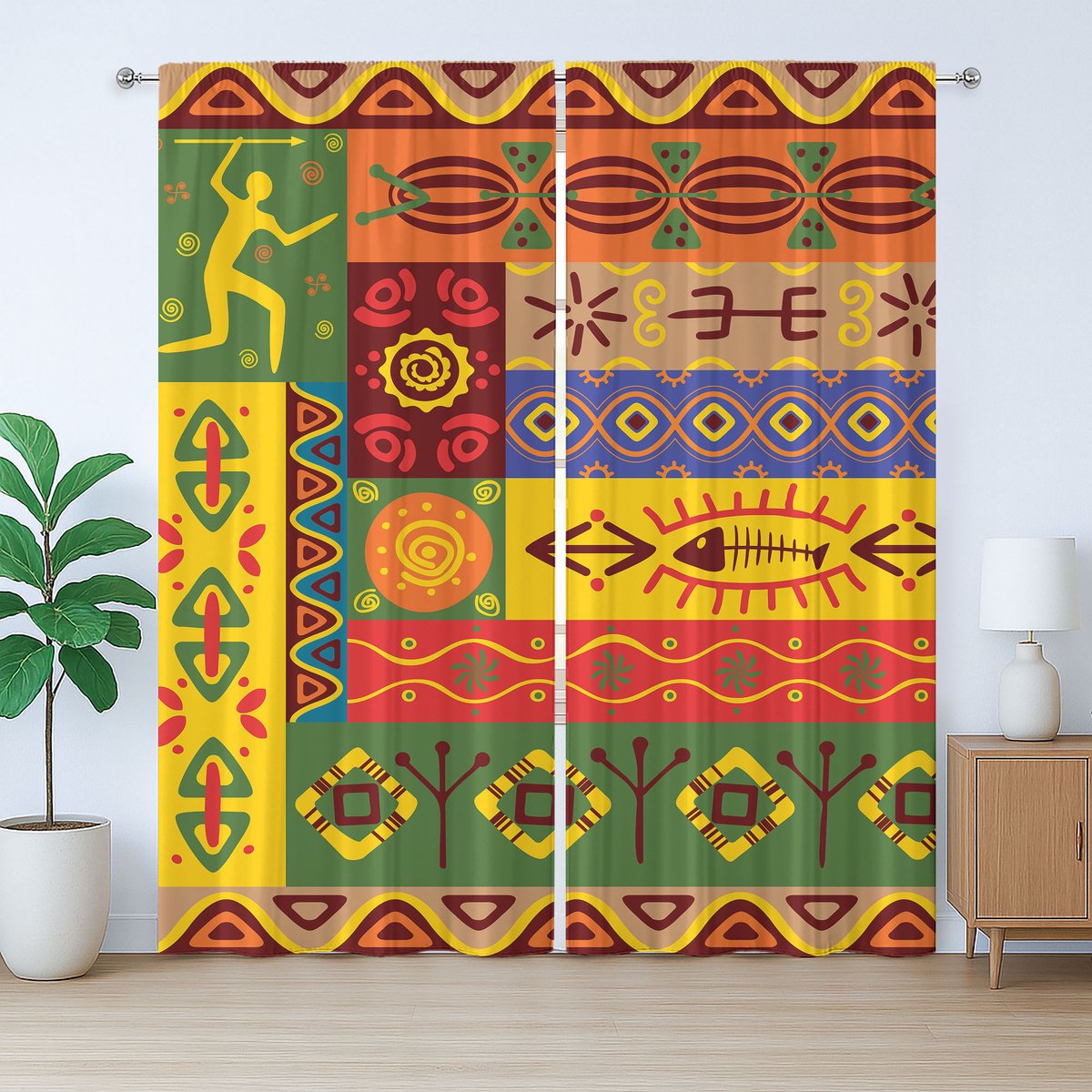 ABAKUHAUS Afrikaans rustiek gordijn, westerse folkloristische stijl, met lussen en haken voor de woonkamer, 280 x 175 cm, groen, geel, rood