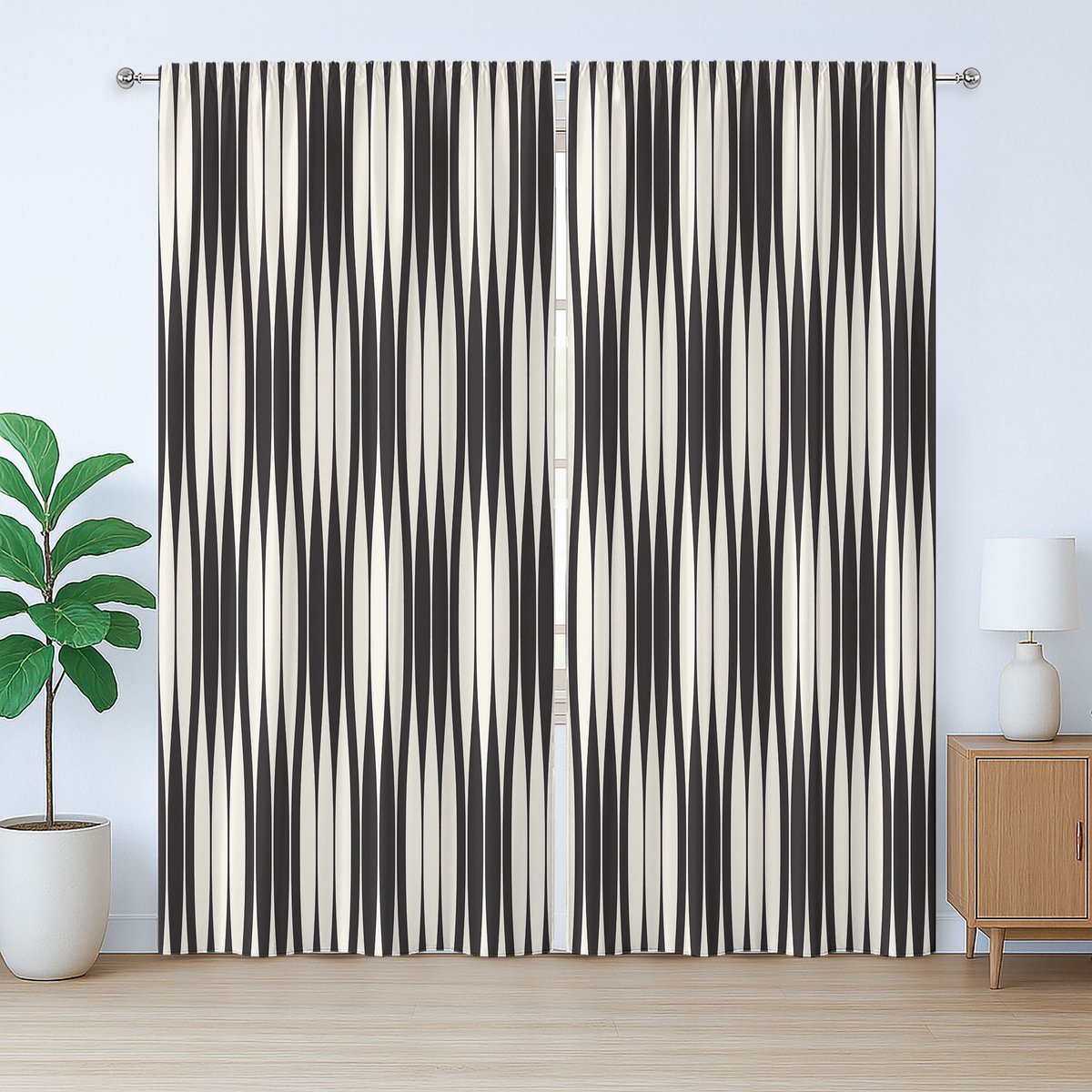 ABAKUHAUS Abstract rustiek gordijn, geometrische lijncompositie, slaapkamergordijn met plooien, lussen en haken, 280 x 260 cm, zwart en crème