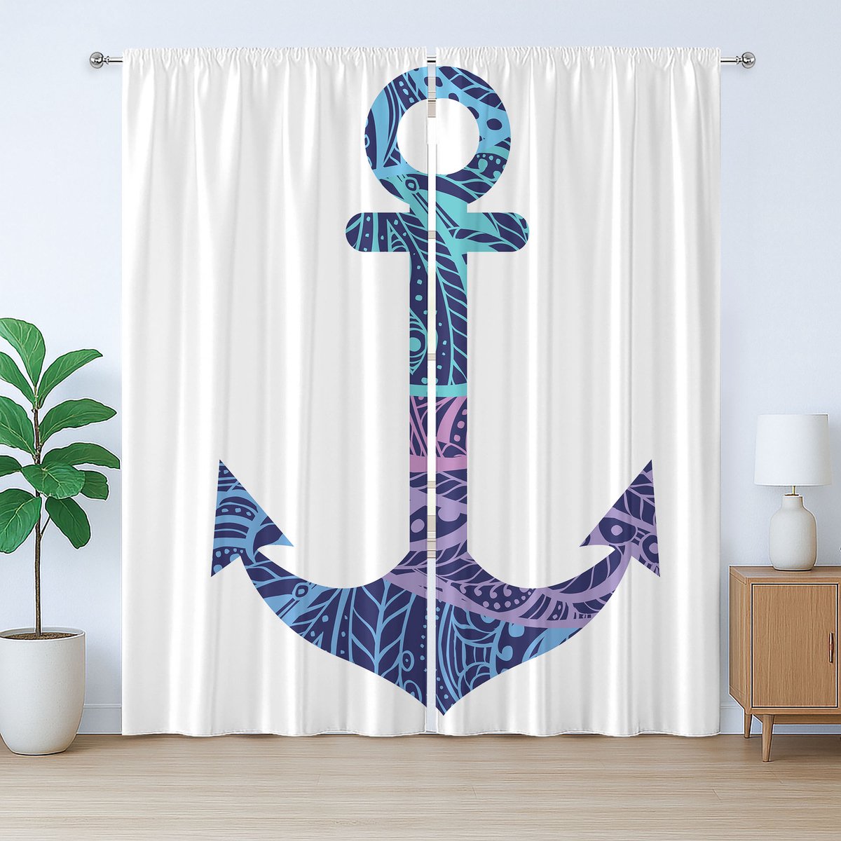 ABAKUHAUS Rustiek oceaangordijn, anker afbeelding, zee, met lussen en haken voor de woonkamer, 280 x 175 cm, paars en blauw