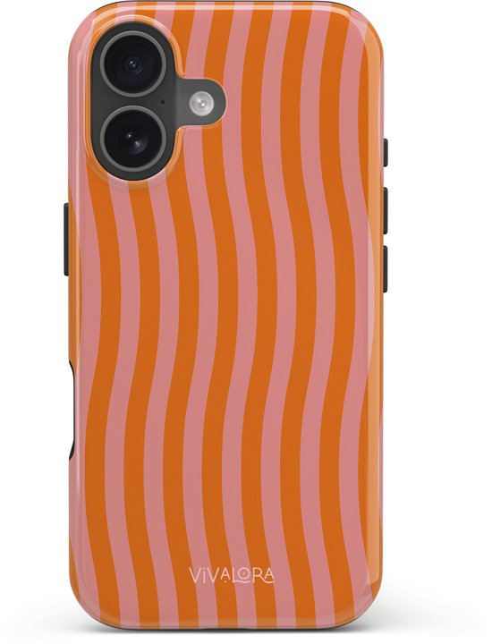 Coque de téléphone avec rayures ondulées orange et rose et découpe pour double caméra.