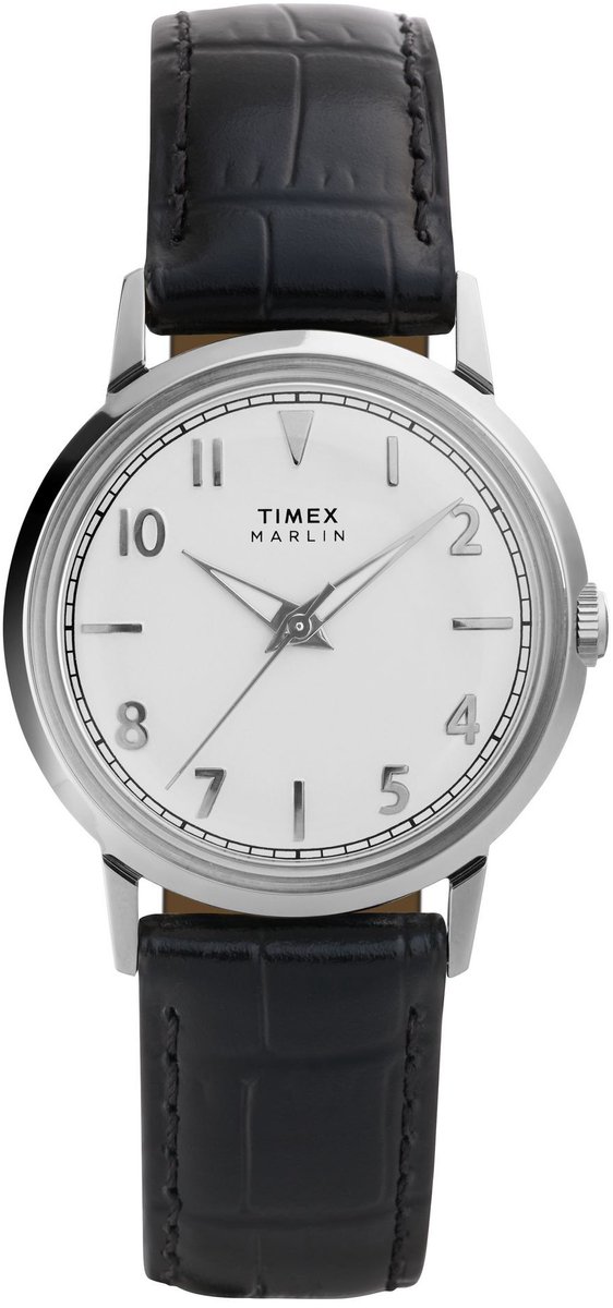 Timex Marlin Quartz Quartz Analoog Horloge Zwart En Zilverkleurig Kast Gemaakt Van 100% Roestvrij Staal En Een Armband Van 100% Leer 34 TW2Y37600AJ