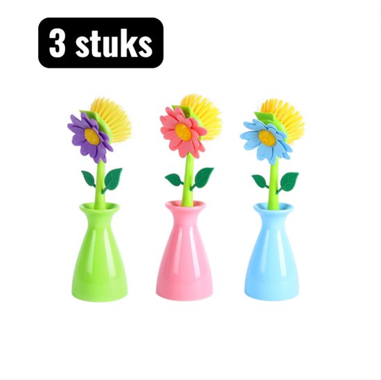 Drie vaatwassers: paars, roze en blauw, elk met bloemvormige kop, in bijpassende vazen.