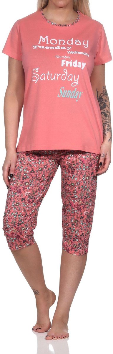 Normann Casual damescapripyjama met all-over patroon en print op de voorkant, ¾ capribroek apricot