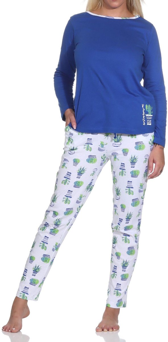 Normann damespyjama met lange mouwen en pyjamabroek in prachtig design blau