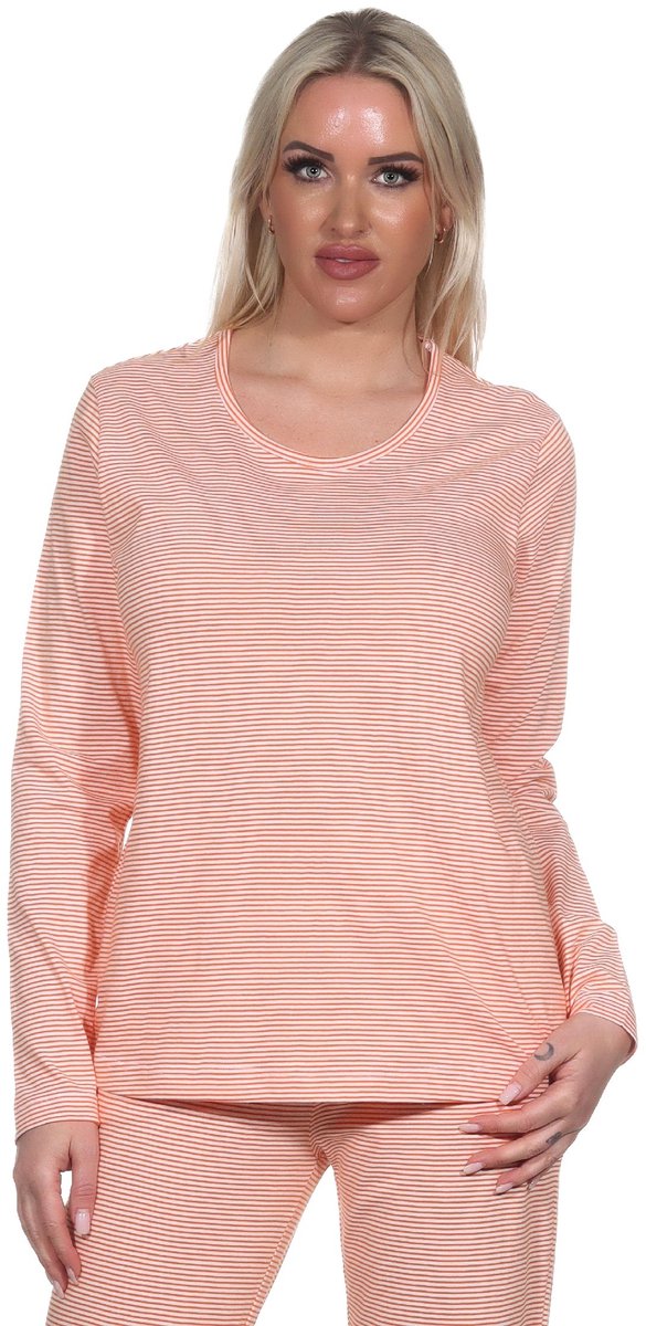 Normann Dames Pyjama Shirt Lange Mouw Pyjama Top Mix & Match in Stripe Optiek orange