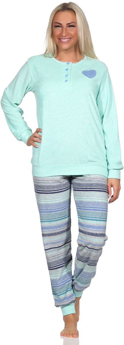 Normann Dames Terry Pyjama met Lange Mouw in Stripe Optiek - Ook in Oversizes blau